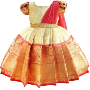 Frock for Baby Girls – Cream & Pink Embroidered Sleeveless Ethnic Dress, Knee-Length Birthday Outfit