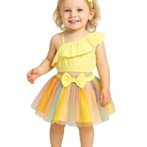Baby Girls One Shoulder Crop Top with Printed Skirt & Matching Headband Set | 3 Piece Outfit Set for Kids
